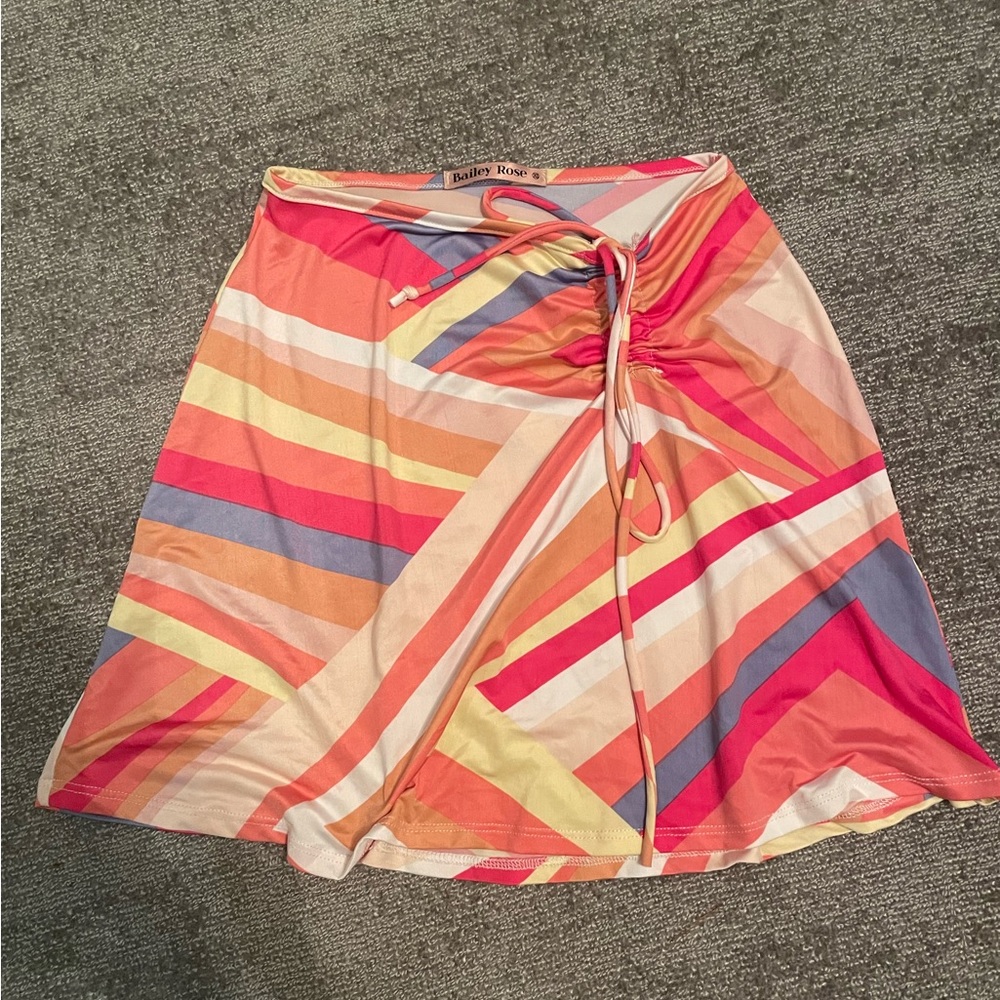 Bailey Rose synched skirt: blue, pink, choral and white geometric pattern, S/XS